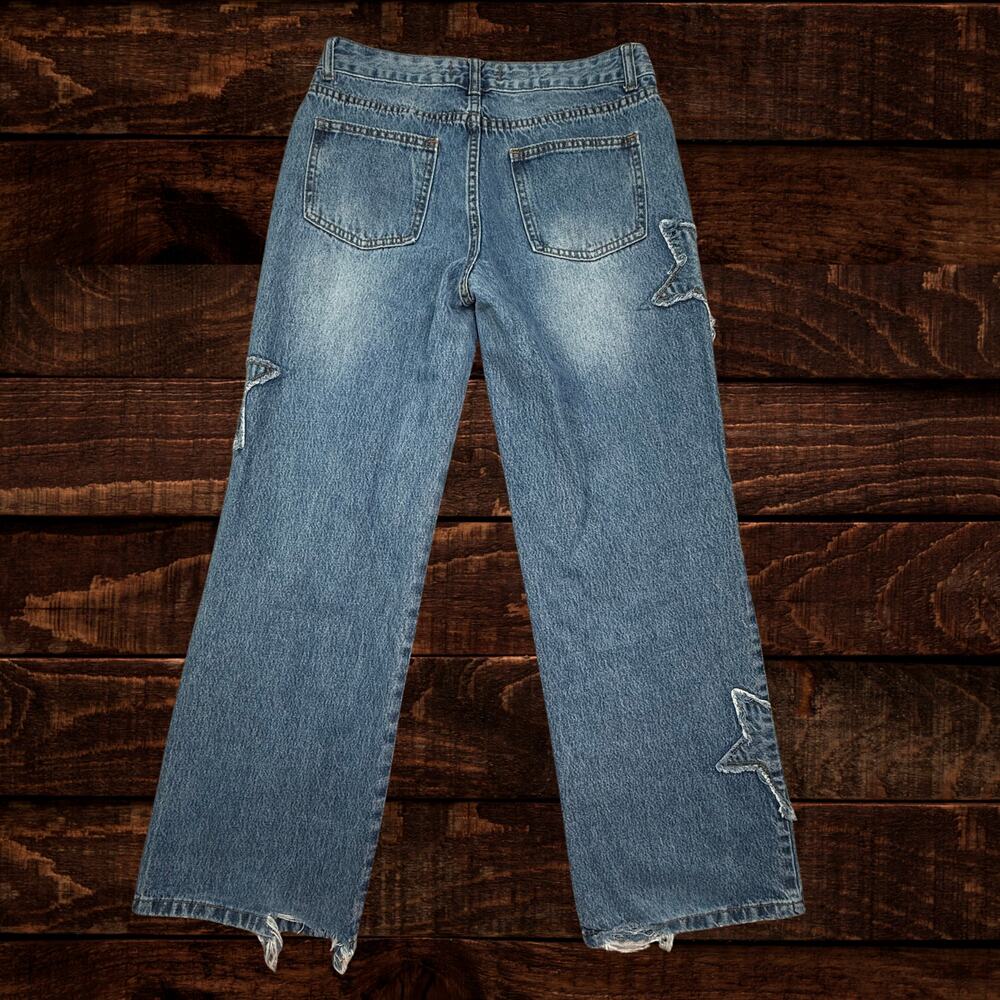 Disclosure Y2K Wide Leg Distressed Star Patch Denim Jeans Medium Wash 27 - Picture 3 of 10